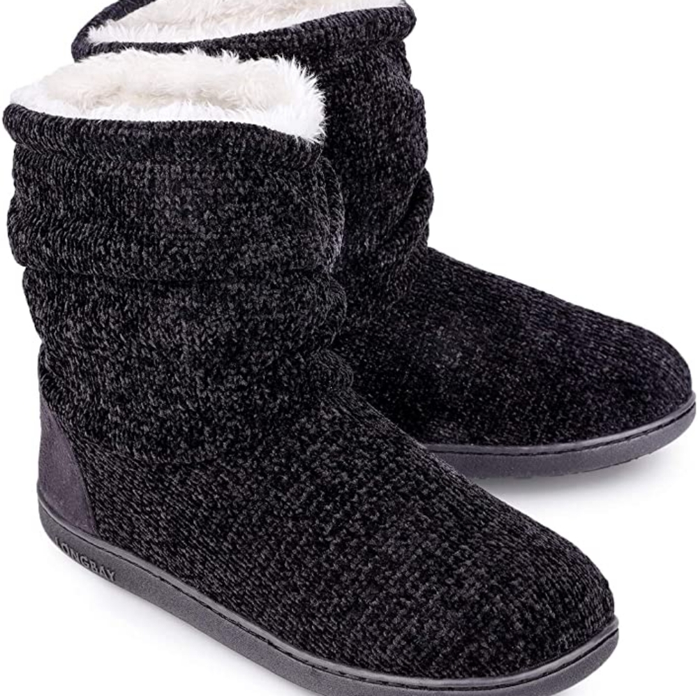 LONGBAY Large9/10 Women's Chenille Knit Bootie Slippers Fleece Memory Foam Shoes